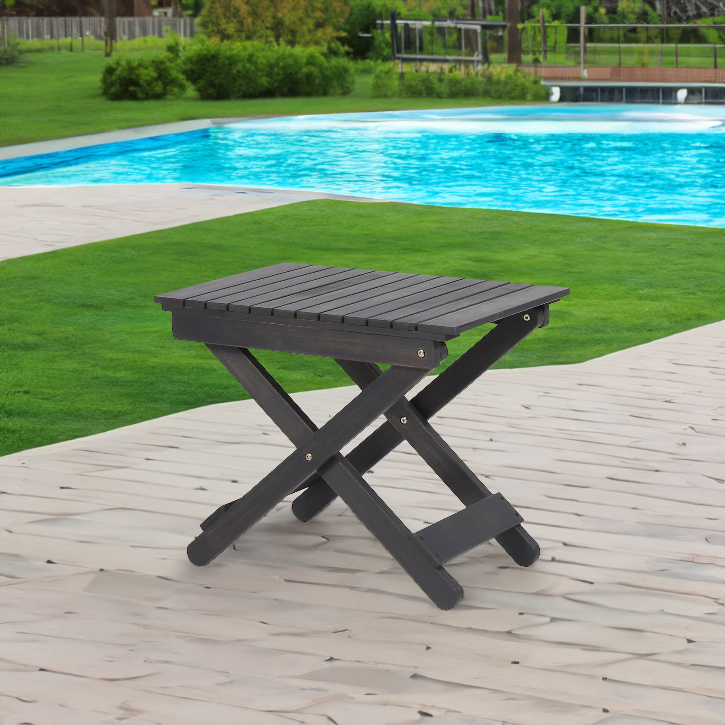 Outdoor Folding Wooden Side Table, Dark Gray, 15"D x 22.75"W x 18.25"H