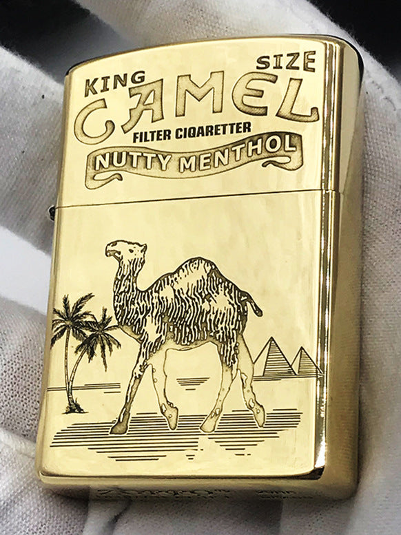 Brass Camel Kerosene Lighter | Vintage Engraved Flip Top Refillable Pocket Lighter