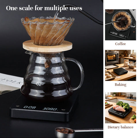 High-Precision Coffee Scale 3kg/0.1g with Timer - Waterproof USB Rechargeable, LED Display, for Espresso & Pour Over
