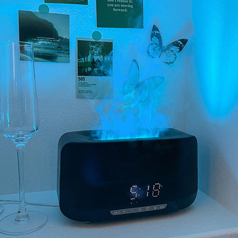 4-in-1 Flame Aroma Diffuser with Bluetooth Speaker | Ultrasonic Humidifier, LED Night Light & Digital Clock