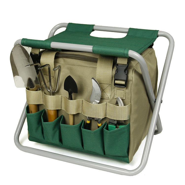 Foldable Garden Stool with Storage Bag, Portable Gardening Seat, Heavy-Duty Oxford Cloth, Khaki & Green