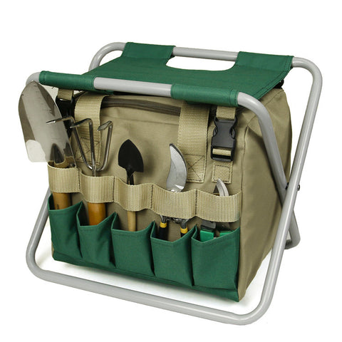 Foldable Garden Stool with Storage Bag, Portable Gardening Seat, Heavy-Duty Oxford Cloth, Khaki & Green