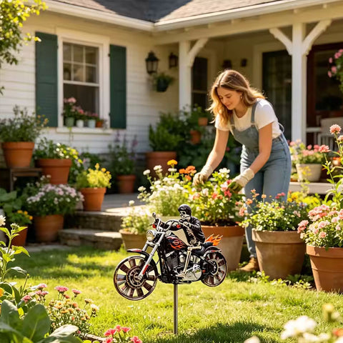 Motorcycle Wind Spinner Metal Garden Decor | Outdoor Windmill Pinwheel for Yard & Patio