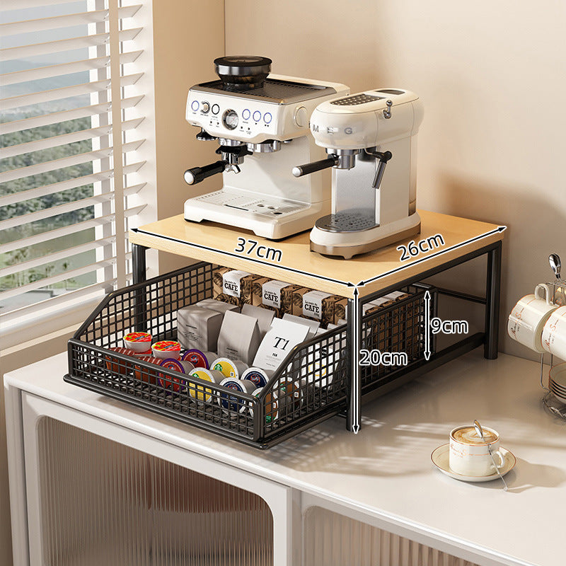 Modern Kitchen Microwave Shelf Organizer, Countertop Storage Rack with Drawer, Wood & Metal Appliance Stand