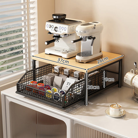 Modern Kitchen Microwave Shelf Organizer, Countertop Storage Rack with Drawer, Wood & Metal Appliance Stand