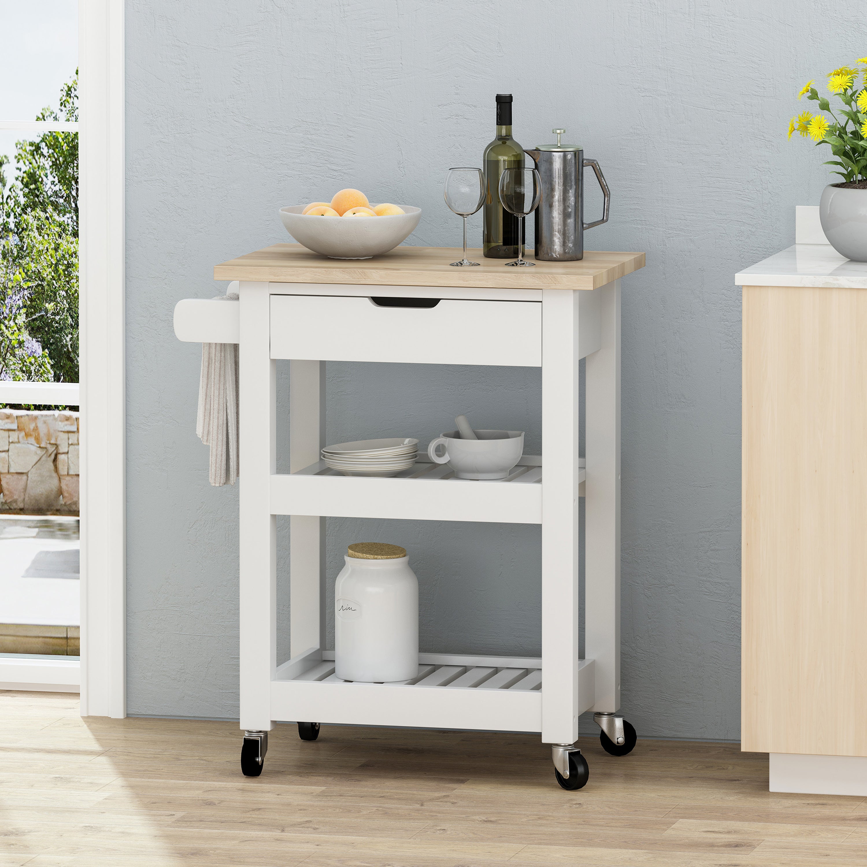 Modern Kitchen Cart with Storage | Rolling Kitchen Island Cart with Rubber Wood Top & Shelves