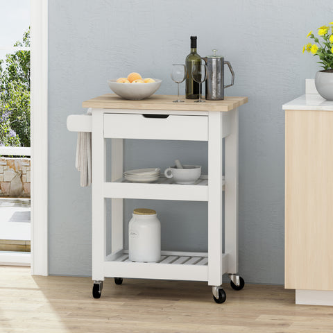 Modern Kitchen Cart with Storage | Rolling Kitchen Island Cart with Rubber Wood Top & Shelves