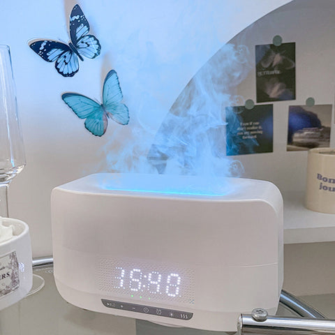 4-in-1 Flame Aroma Diffuser with Bluetooth Speaker | Ultrasonic Humidifier, LED Night Light & Digital Clock