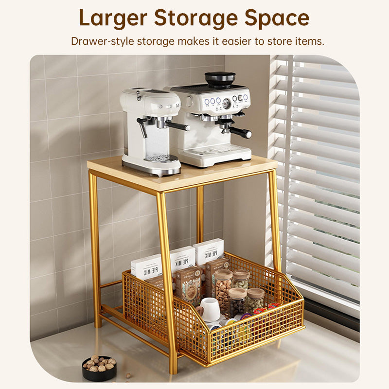 Modern Kitchen Microwave Shelf Organizer, Countertop Storage Rack with Drawer, Wood & Metal Appliance Stand