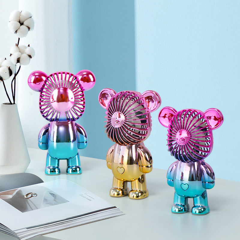 Colorful Gradient Bear USB Rechargeable Mini Fan | Portable 3-Speed Quiet Desk Fan
