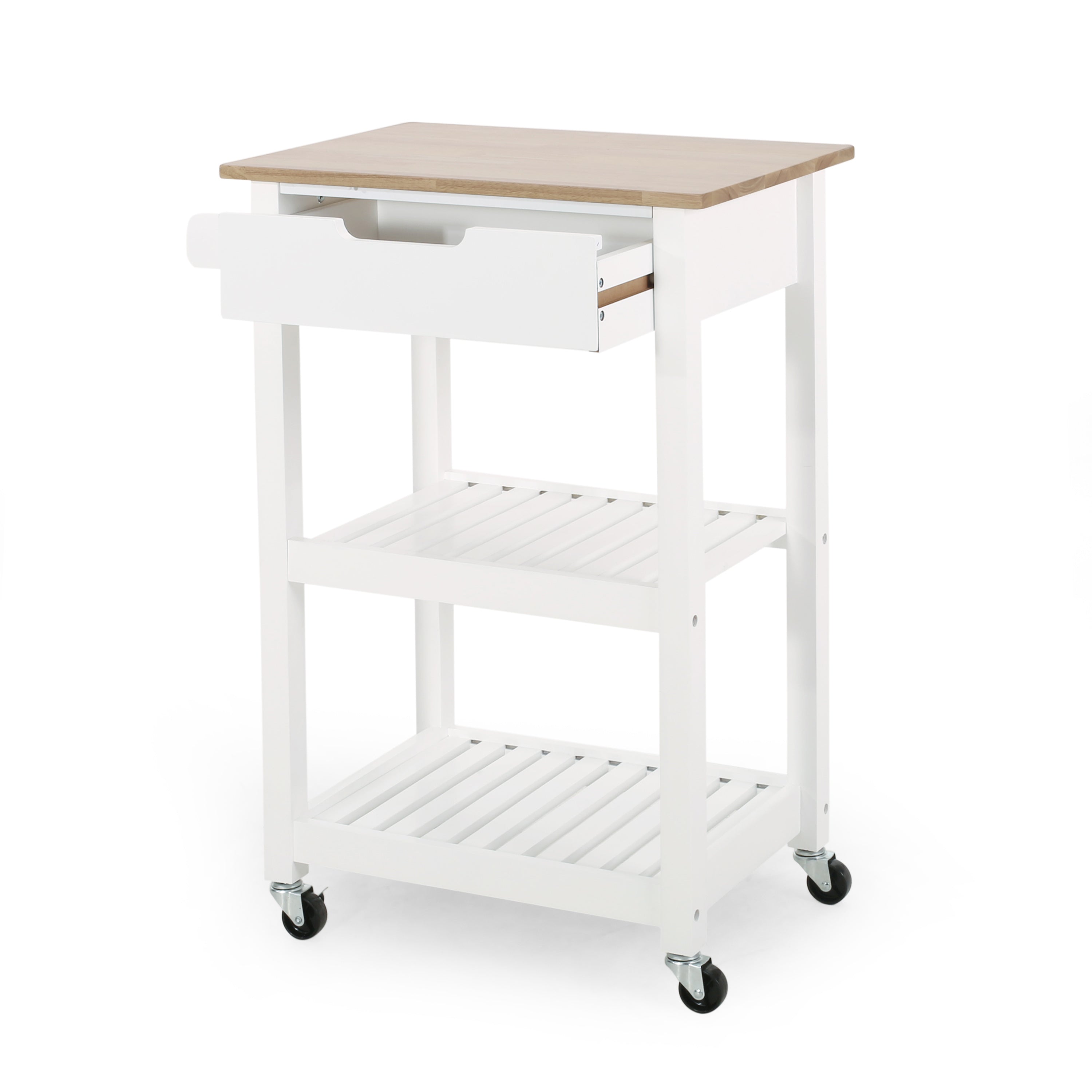Modern Kitchen Cart with Storage | Rolling Kitchen Island Cart with Rubber Wood Top & Shelves