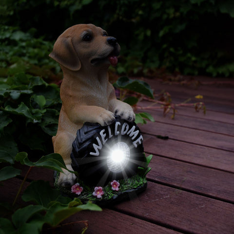 Solar Powered Puppy Garden Statue, Outdoor Resin Dog Decoration with LED Light, Waterproof
