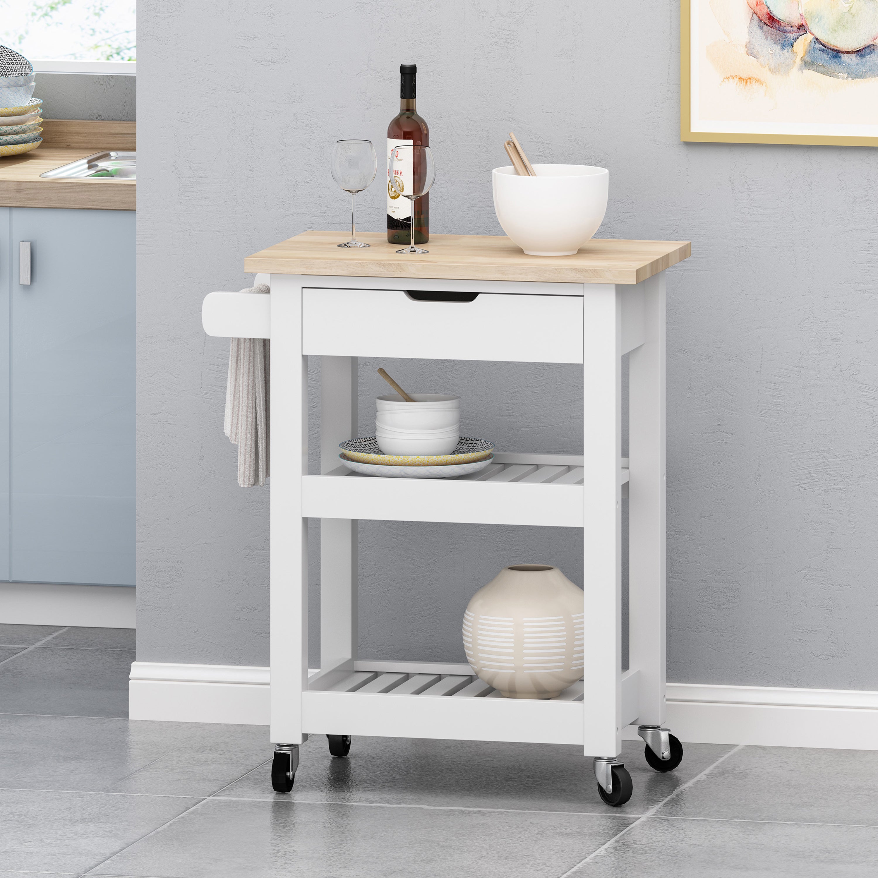 Modern Kitchen Cart with Storage | Rolling Kitchen Island Cart with Rubber Wood Top & Shelves