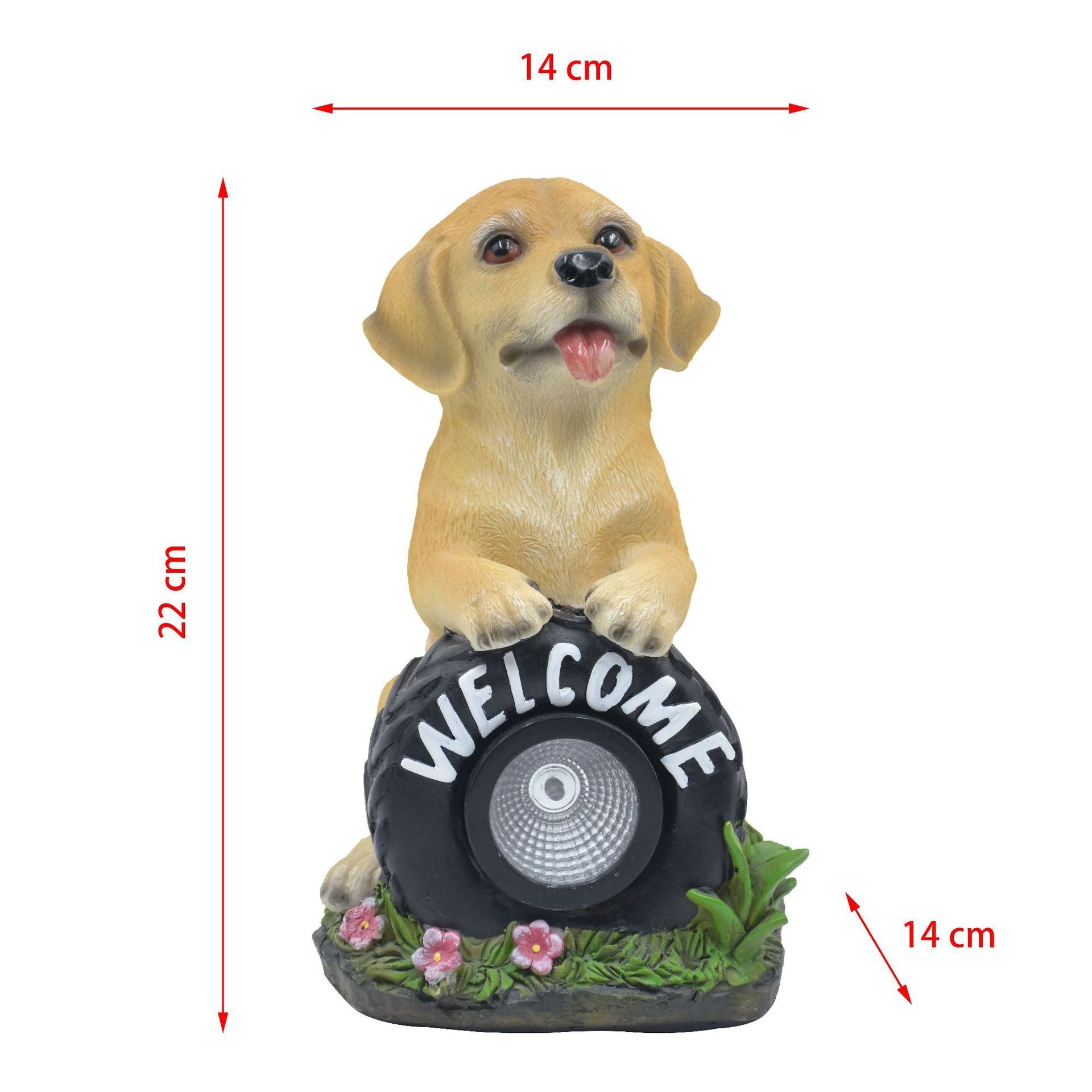 Solar Powered Puppy Garden Statue, Outdoor Resin Dog Decoration with LED Light, Waterproof
