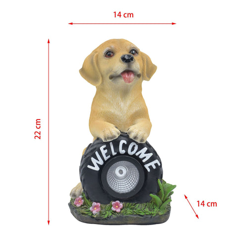 Solar Powered Puppy Garden Statue, Outdoor Resin Dog Decoration with LED Light, Waterproof