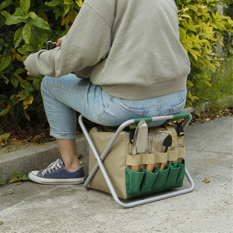 Foldable Garden Stool with Storage Bag, Portable Gardening Seat, Heavy-Duty Oxford Cloth, Khaki & Green