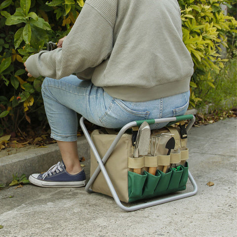 Foldable Garden Stool with Storage Bag, Portable Gardening Seat, Heavy-Duty Oxford Cloth, Khaki & Green