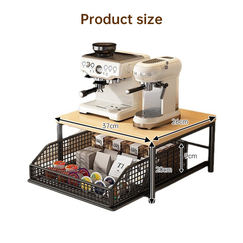 Modern Kitchen Microwave Shelf Organizer, Countertop Storage Rack with Drawer, Wood & Metal Appliance Stand
