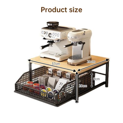 Modern Kitchen Microwave Shelf Organizer, Countertop Storage Rack with Drawer, Wood & Metal Appliance Stand
