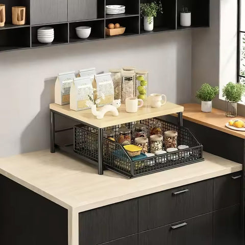 Modern Kitchen Microwave Shelf Organizer, Countertop Storage Rack with Drawer, Wood & Metal Appliance Stand