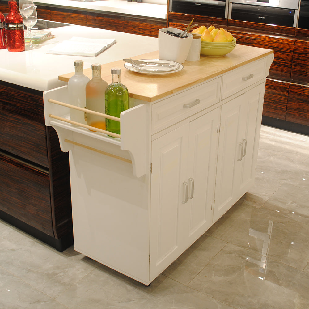 Mobile Kitchen Island Cart with Storage | Rolling Kitchen Cabinet with Rubber Wood Top & Drawers