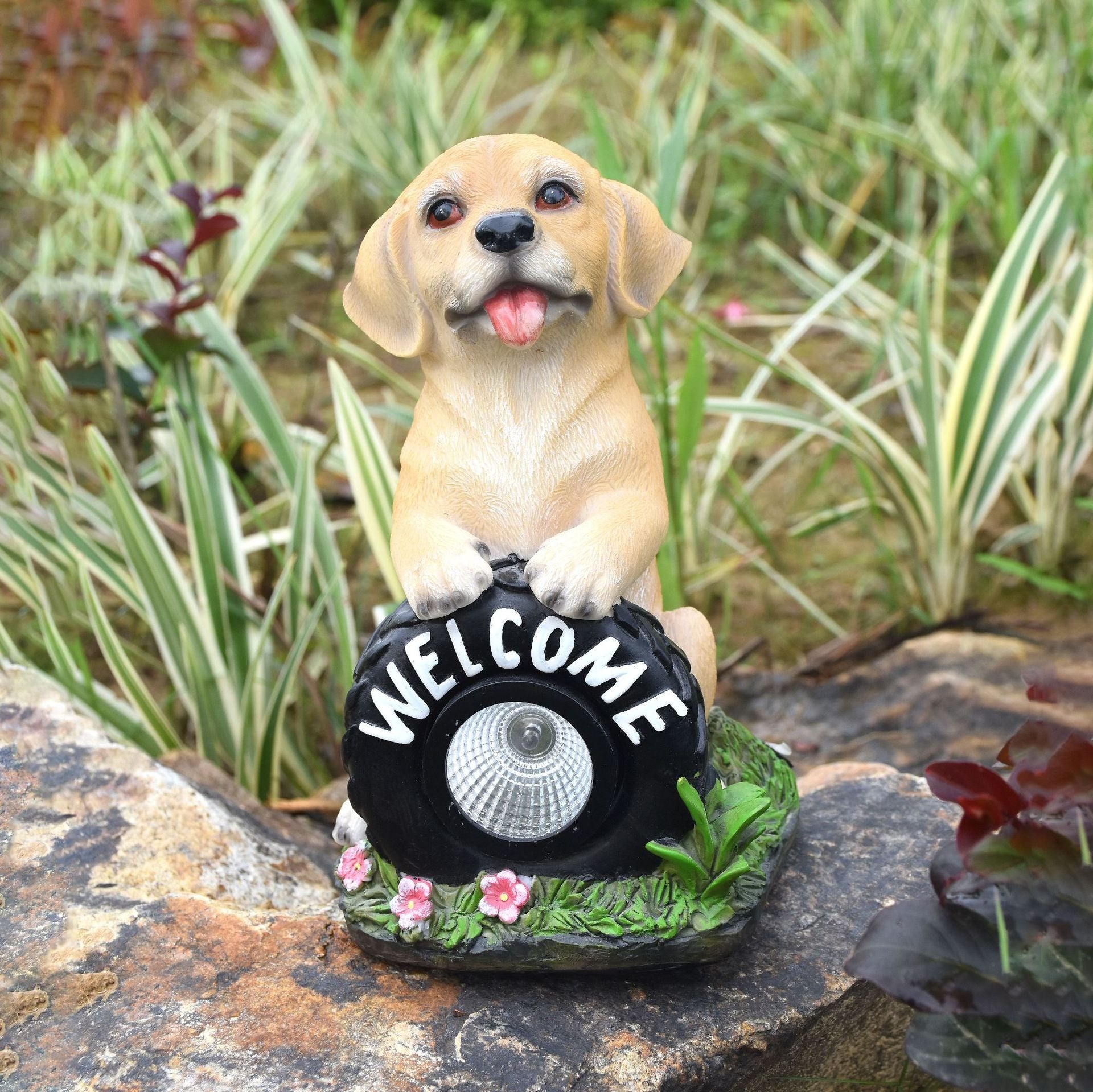 Solar Powered Puppy Garden Statue, Outdoor Resin Dog Decoration with LED Light, Waterproof