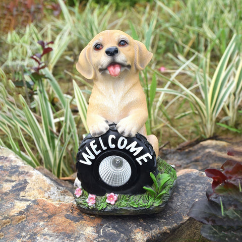 Solar Powered Puppy Garden Statue, Outdoor Resin Dog Decoration with LED Light, Waterproof