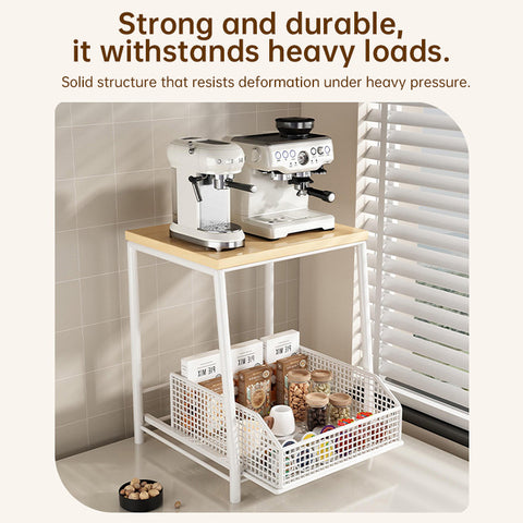 Modern Kitchen Microwave Shelf Organizer, Countertop Storage Rack with Drawer, Wood & Metal Appliance Stand