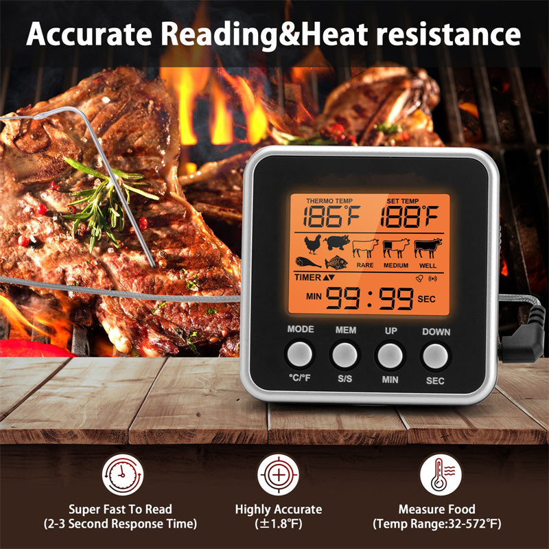Digital BBQ Meat Thermometer Timer | Kitchen Grill Temperature Probe for Cooking & BBQ