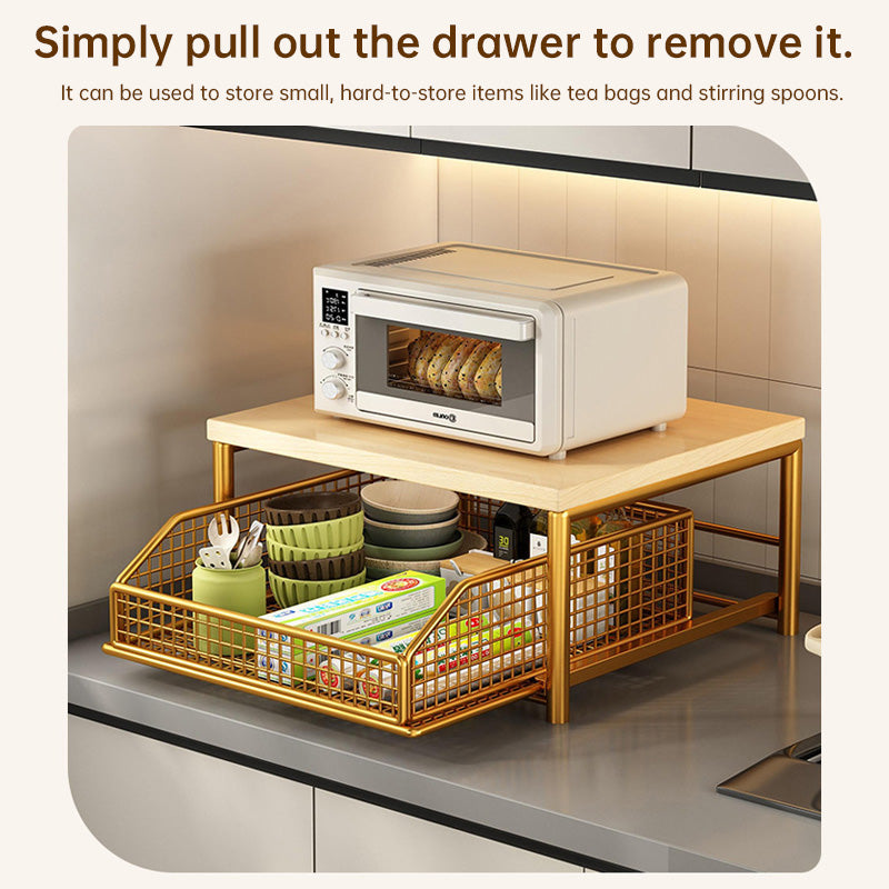Modern Kitchen Microwave Shelf Organizer, Countertop Storage Rack with Drawer, Wood & Metal Appliance Stand