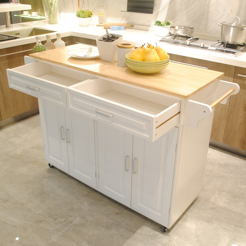 Mobile Kitchen Island Cart with Storage | Rolling Kitchen Cabinet with Rubber Wood Top & Drawers