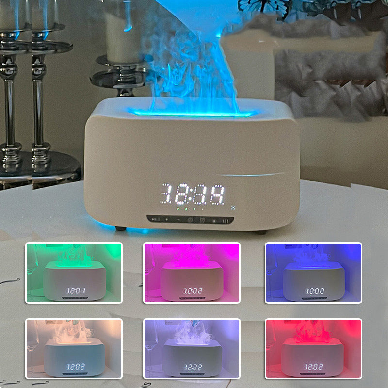 4-in-1 Flame Aroma Diffuser with Bluetooth Speaker | Ultrasonic Humidifier, LED Night Light & Digital Clock