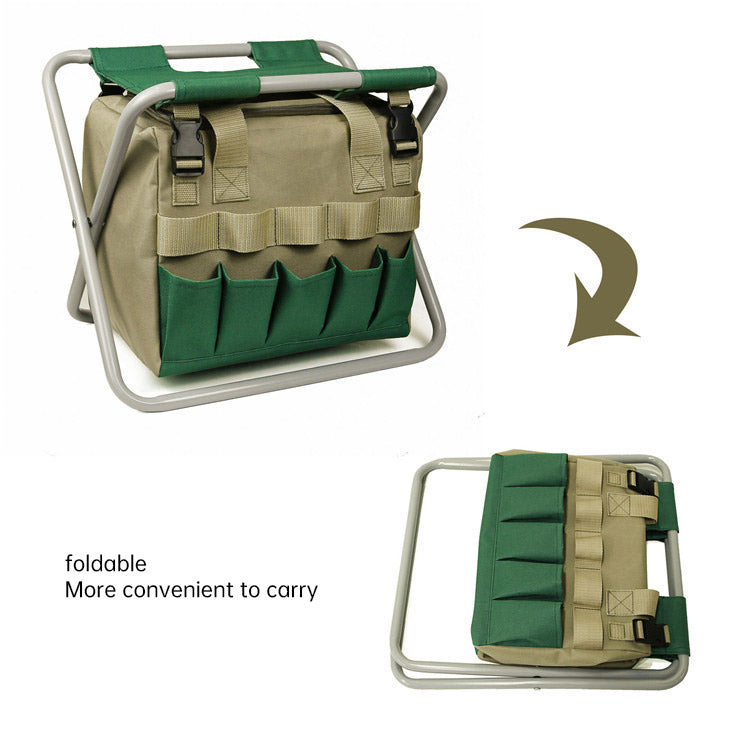 Foldable Garden Stool with Storage Bag, Portable Gardening Seat, Heavy-Duty Oxford Cloth, Khaki & Green