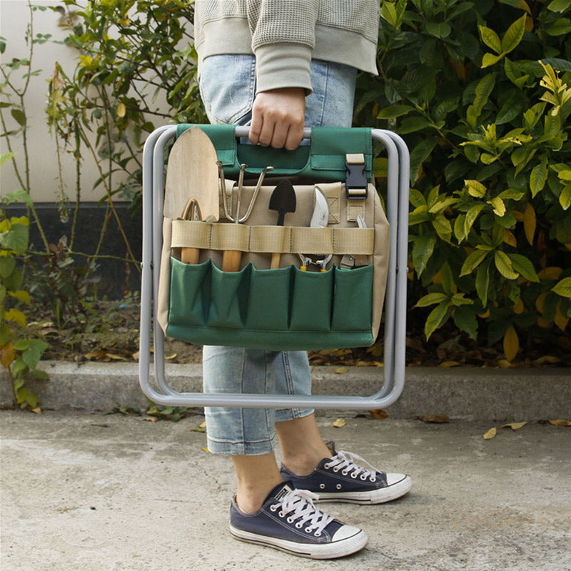Foldable Garden Stool with Storage Bag, Portable Gardening Seat, Heavy-Duty Oxford Cloth, Khaki & Green