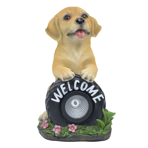 Solar Powered Puppy Garden Statue, Outdoor Resin Dog Decoration with LED Light, Waterproof