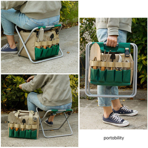 Foldable Garden Stool with Storage Bag, Portable Gardening Seat, Heavy-Duty Oxford Cloth, Khaki & Green