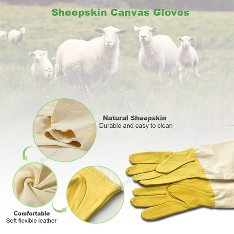 BENEFITBEE Beekeeping Gloves, Sheepskin & Canvas Protective Bee Gloves, Long Sleeve Beekeeper Safety Gloves