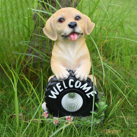 Solar Powered Puppy Garden Statue, Outdoor Resin Dog Decoration with LED Light, Waterproof