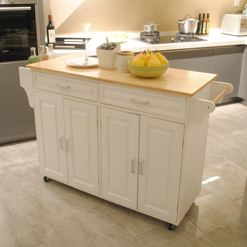 Mobile Kitchen Island Cart with Storage | Rolling Kitchen Cabinet with Rubber Wood Top & Drawers