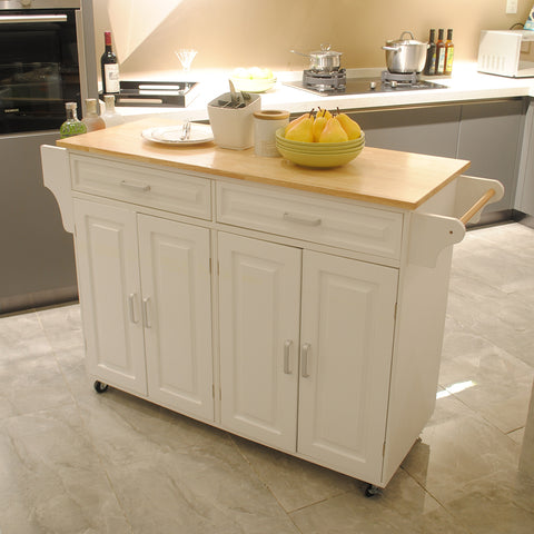 Mobile Kitchen Island Cart with Storage | Rolling Kitchen Cabinet with Rubber Wood Top & Drawers