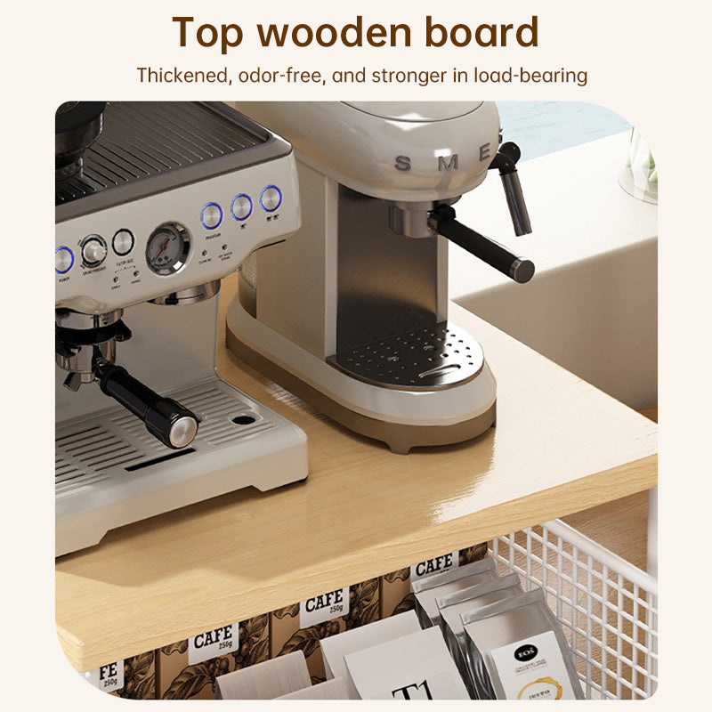 Modern Kitchen Microwave Shelf Organizer, Countertop Storage Rack with Drawer, Wood & Metal Appliance Stand