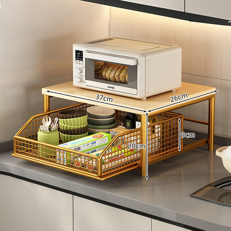 Modern Kitchen Microwave Shelf Organizer, Countertop Storage Rack with Drawer, Wood & Metal Appliance Stand