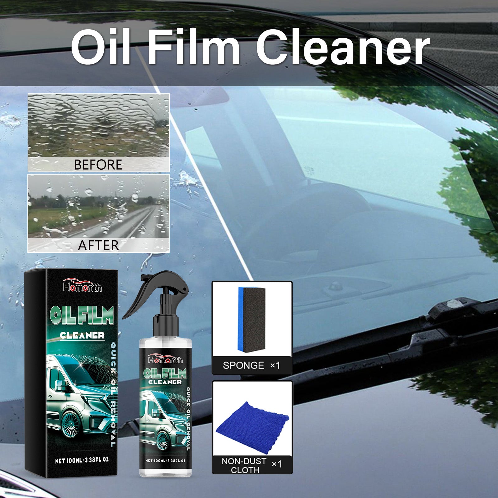 Car Glass Oil Film Cleaner, Windshield Cleaning Spray, Automotive Glass Care & Water Repellent