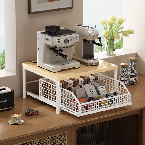 Modern Kitchen Microwave Shelf Organizer, Countertop Storage Rack with Drawer, Wood & Metal Appliance Stand