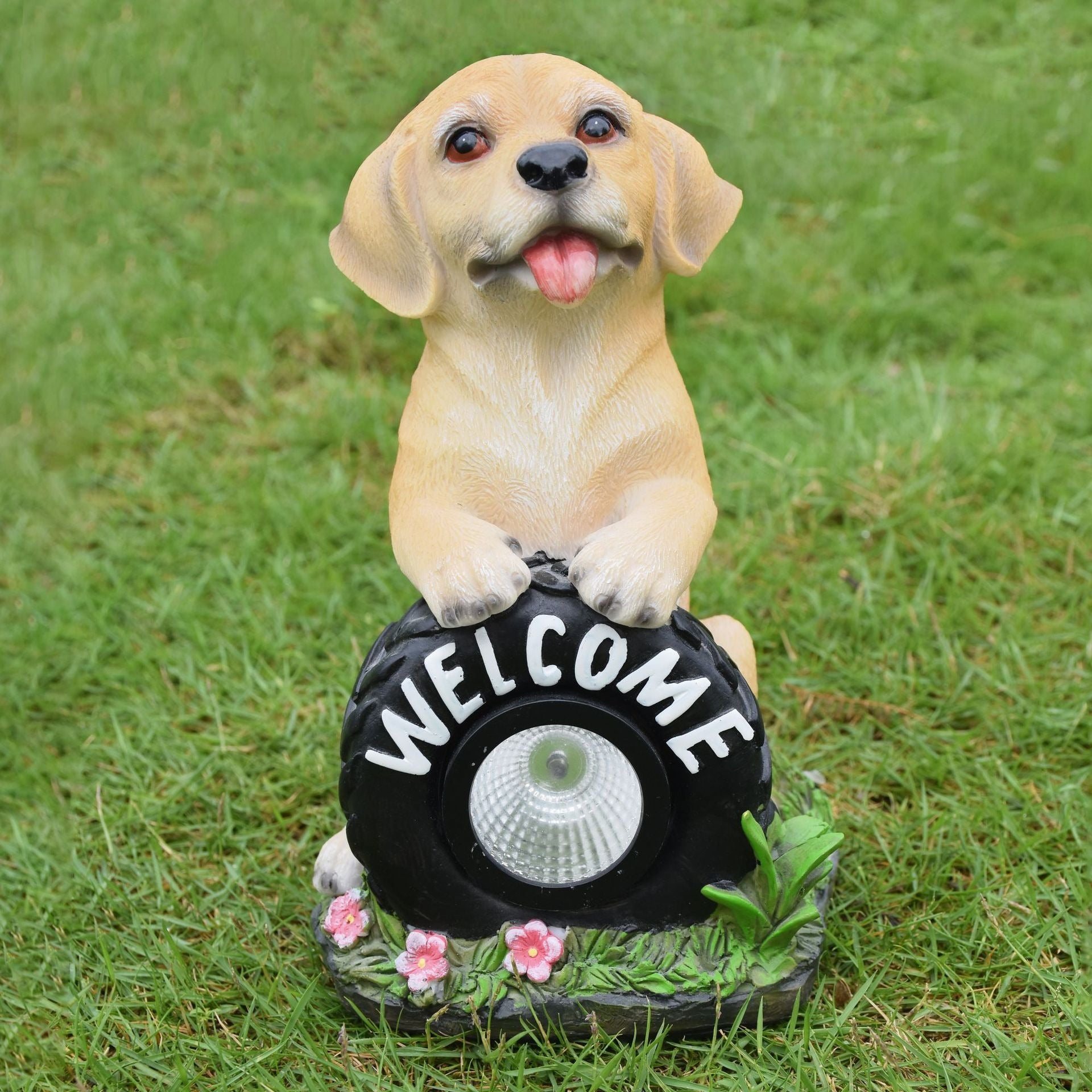 Solar Powered Puppy Garden Statue, Outdoor Resin Dog Decoration with LED Light, Waterproof