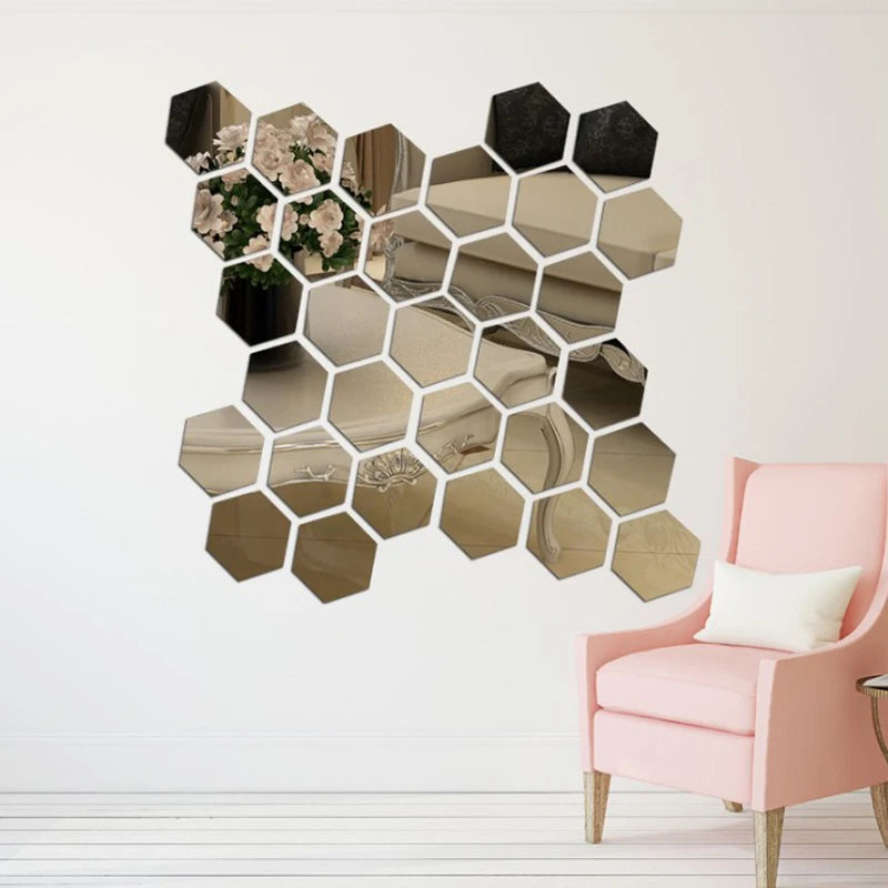 3D Hexagon Acrylic Mirror Wall Stickers | DIY Decorative Mirror Tiles for Home Decor